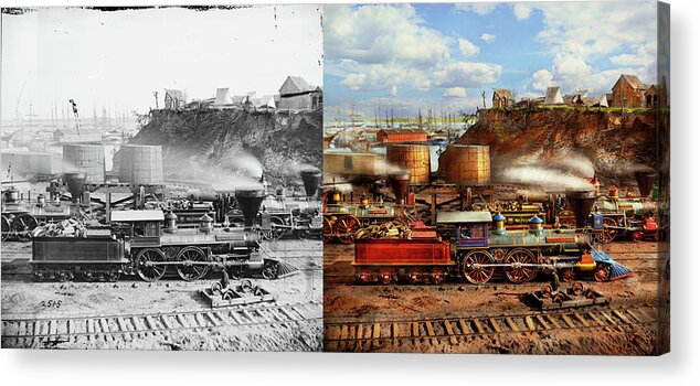 Train Acrylic Print featuring the photograph Train - Civil War - The locomotives of City Point 1865 - Side by Side by Mike Savad