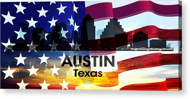 City Silhouette Acrylic Print featuring the digital art Austin TX Patriotic Large Cityscape by Angelina Tamez