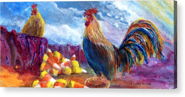 Hen Acrylic Print featuring the painting Chickens and Candy Corn by Lenora De Lude