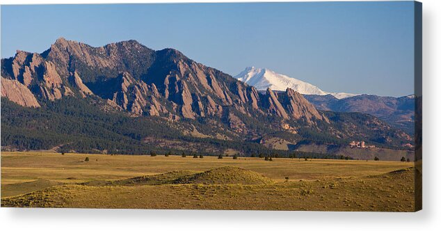 Rocky Mountains Acrylic Print featuring the photograph Flatirons and Snow Covered Longs Peak Panorama by James BO Insogna