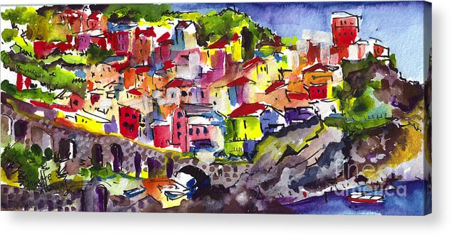 Italy Acrylic Print featuring the painting Manarola Italy Watercolor by Ginette Callaway