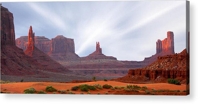 Desert Acrylic Print featuring the photograph Monument Valley at Sunset Panoramic by Mike McGlothlen