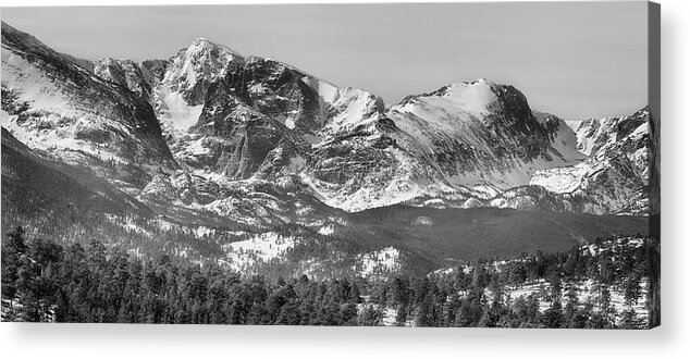 Rocky Mountains Acrylic Print featuring the photograph Ypsilon Mountain and Fairchild Mountain Panorama RMNP BW by James BO Insogna