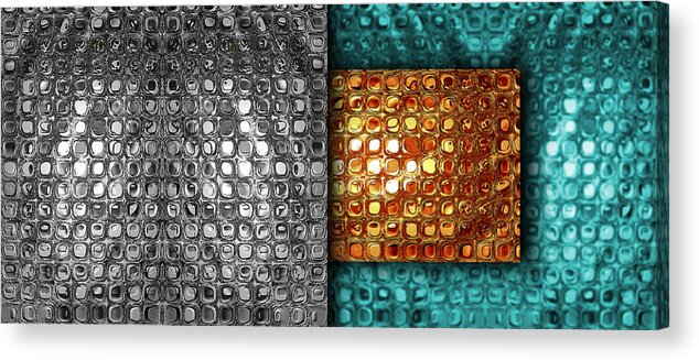 Abstract Acrylic Print featuring the digital art Abstract Metallic Grid - Silver Gold Turquoise - Panoramic by Jason Freedman