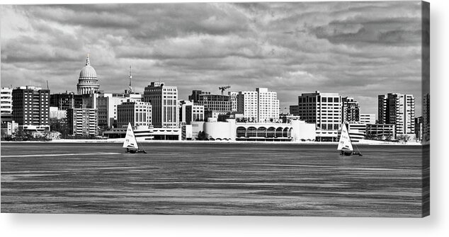 Ice Boats Acrylic Print featuring the photograph Ice Sailing BW - Madison - Wisconsin by Steven Ralser