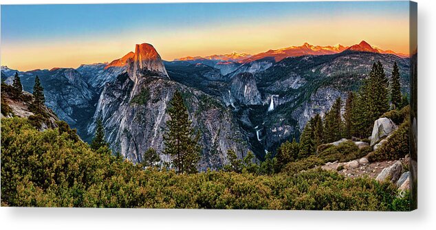 California Acrylic Print featuring the photograph Half Dome Sunset at Yosemite Panorama by Dan Carmichael