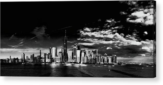 Black And White Acrylic Print featuring the photograph Lower Manhattan skyline in black and white. Panorama. by Alina Oswald