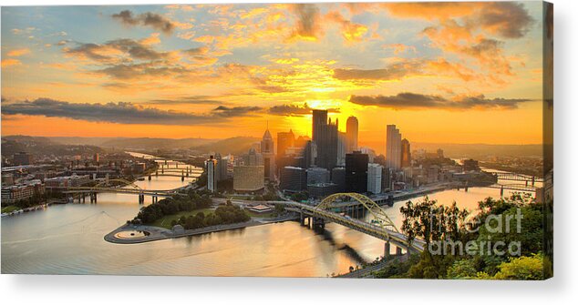 Pittsburgh Acrylic Print featuring the photograph Pittsburgh Mt Washington Sunrise August 2022 Panorama by Adam Jewell