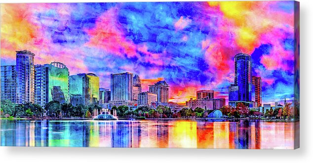 Downtown Orlando Acrylic Print featuring the digital art Skyline of downtown Orlando, Florida, seen at sunset from lake Eola - ink and watercolor by Nicko Prints
