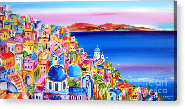 Santorini Acrylic Print featuring the painting A bright day in Santorini Greece by Roberto Gagliardi