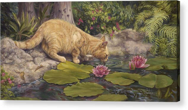 Cat Acrylic Print featuring the painting A Drink At The Pond by Lucie Bilodeau