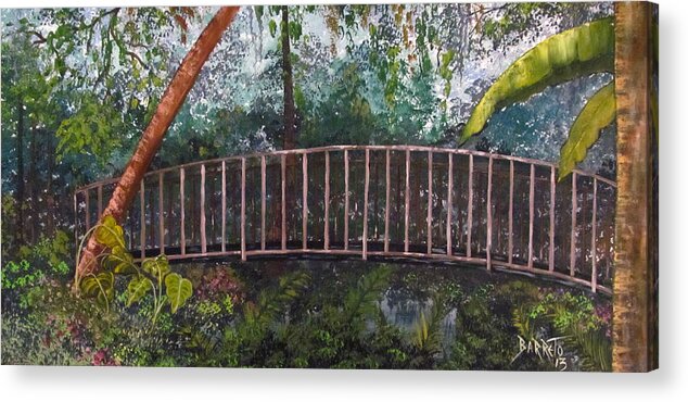 Forest Acrylic Print featuring the painting Bridge in the Garden by Gloria E Barreto-Rodriguez