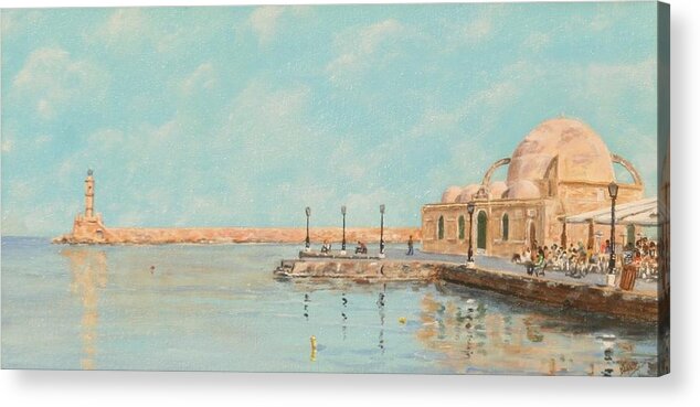 Chania Acrylic Print featuring the painting Chania harbour and Mosque in January by David Capon