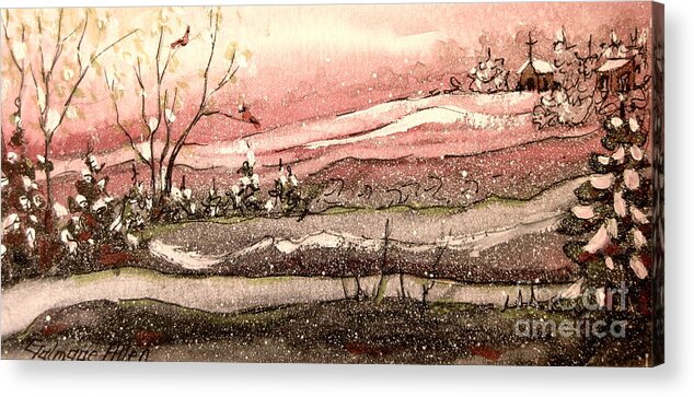 Cardinals Acrylic Print featuring the painting Early Spring Church Snow by Gretchen Allen