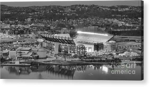 Heinz Field Black And White Acrylic Print featuring the photograph Heinz Field Evening Black And White Panorama by Adam Jewell