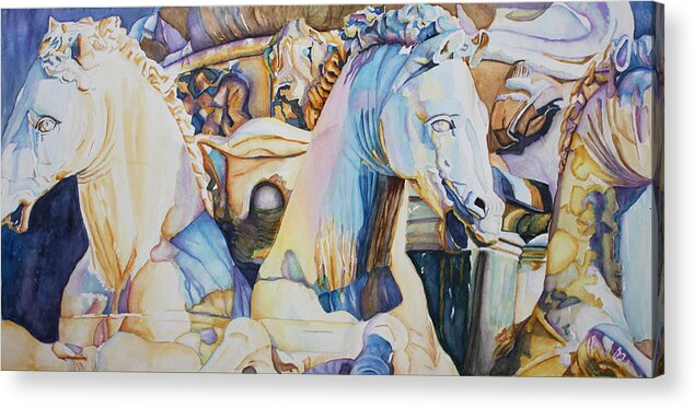 Watercolor Acrylic Print featuring the painting Neptune's Sea Horses - Florence by Christiane Kingsley