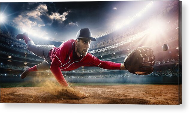 Young Men Acrylic Print featuring the photograph Outfielder Catching Baseball by Dmytro Aksonov