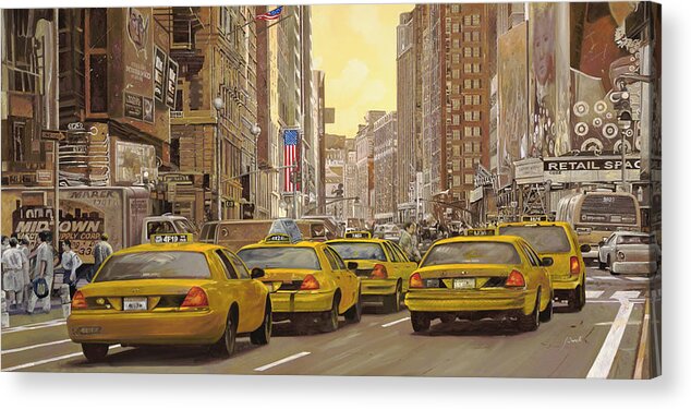 New York Acrylic Print featuring the painting yellow taxi in NYC by Guido Borelli