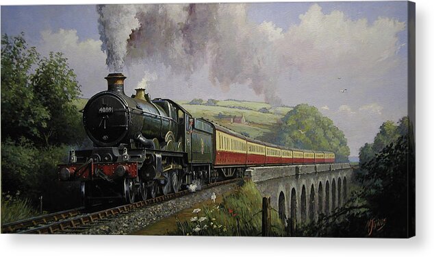 Railway Acrylic Print featuring the painting Castle on Broadsands viaduct by Mike Jeffries