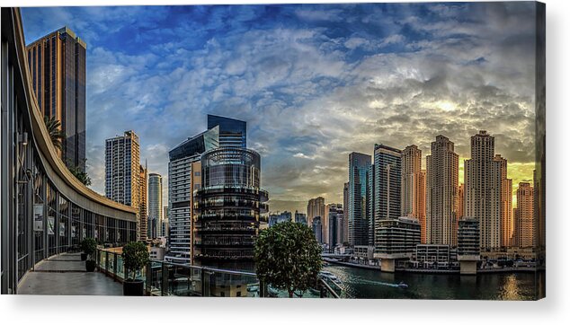 Dubai Acrylic Print featuring the photograph Panoramic View of Dubai Marina during Sunset #1 by Mohammed Shamaa