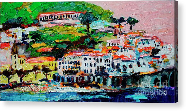 Amalfi Acrylic Print featuring the painting Amalfi Coast and Pink Sky by Ginette Callaway