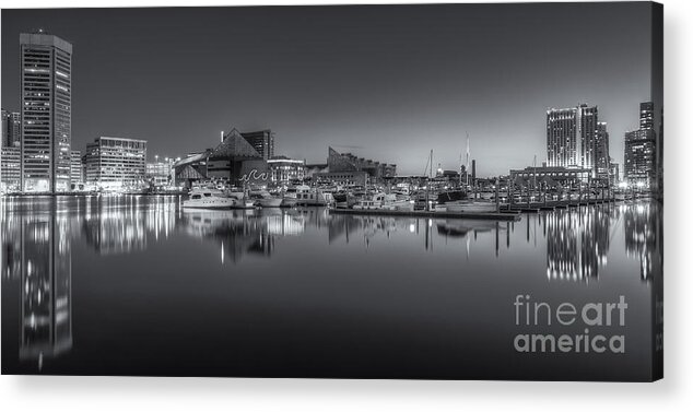 Clarence Holmes Acrylic Print featuring the photograph Baltimore Inner Harbor Skyline at Dawn Panoramic IV by Clarence Holmes