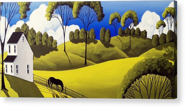 Art Acrylic Print featuring the painting Downhill graze - folk art landscape by Debbie Criswell