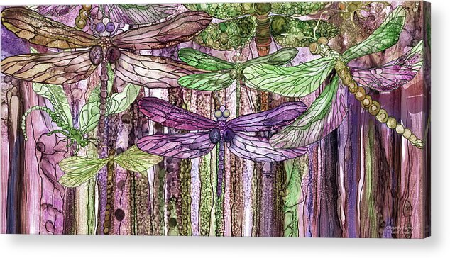 Carol Cavalaris Acrylic Print featuring the mixed media Dragonfly Bloomies 4 - Pink by Carol Cavalaris