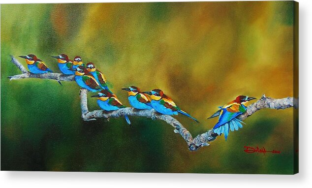 Birds Acrylic Print featuring the painting European Bee Eaters by Dana Newman
