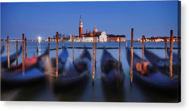 Venice Acrylic Print featuring the photograph Gondolas and San Giorgio Maggiore at Night - Venice by Barry O Carroll