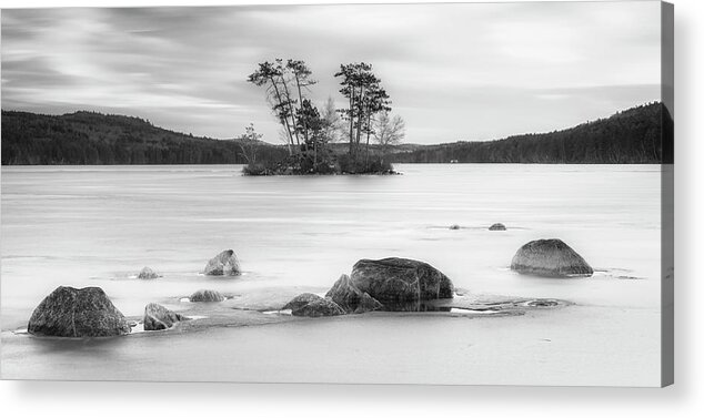 Maine Acrylic Print featuring the photograph Maine Moose Pond in Winter filled with Snow and Ice Panorama by Ranjay Mitra