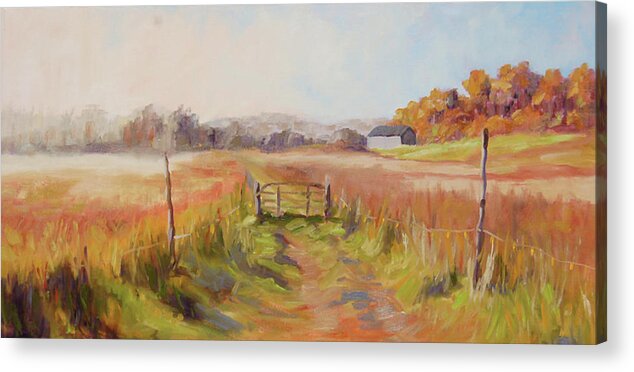 Fall Acrylic Print featuring the painting Mist On The Hayfields by Barbara Hageman