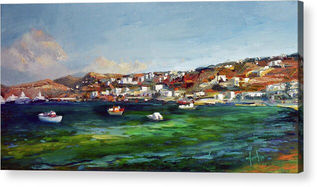  Acrylic Print featuring the painting Mykonos Harbour by Josef Kelly