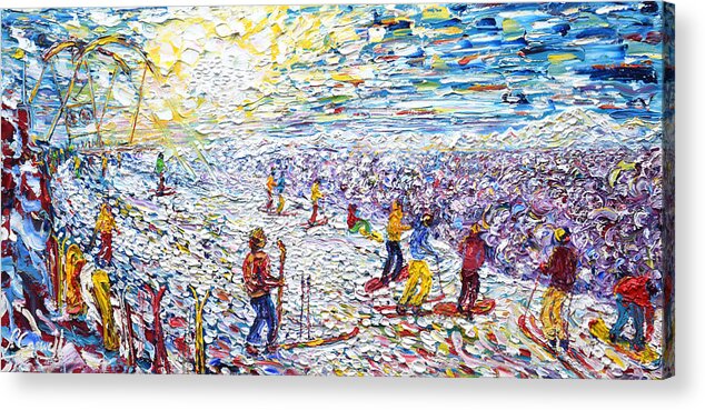 Les Arcs Acrylic Print featuring the painting Sunrise at first Snow by Pete Caswell