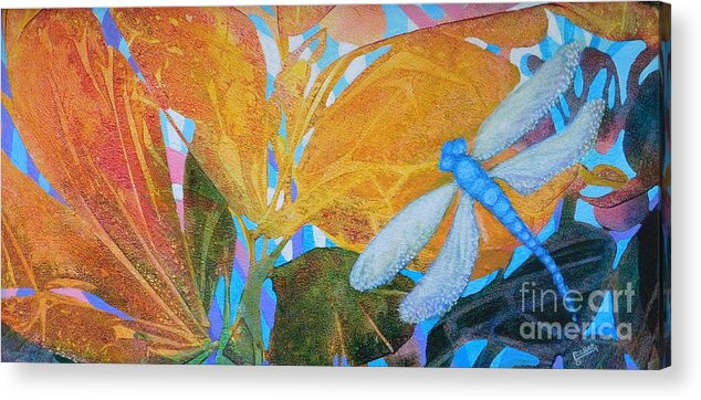 This Bright Colored Painting Of A Dragon Fly In Visiting An Imaginary Tropical Garden Was Done Using Only The Three Primary Colors. It Just Won A Ribbon In The Monthly Pinellas Park Members Show! Acrylic Print featuring the painting Dragon Dance #2 by Joan Clear