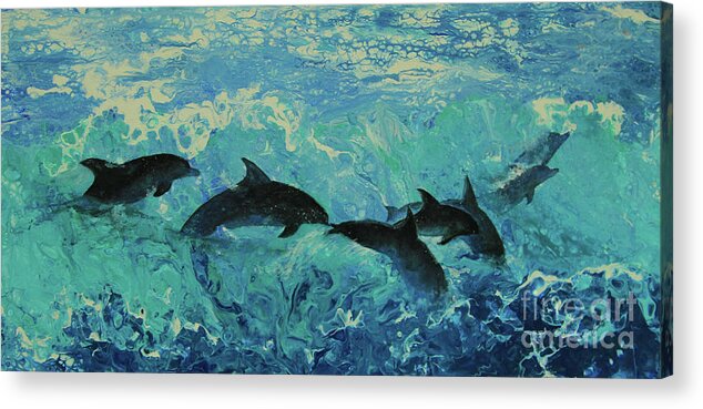Painting Acrylic Print featuring the painting Dolphins Surf by Jeanette French
