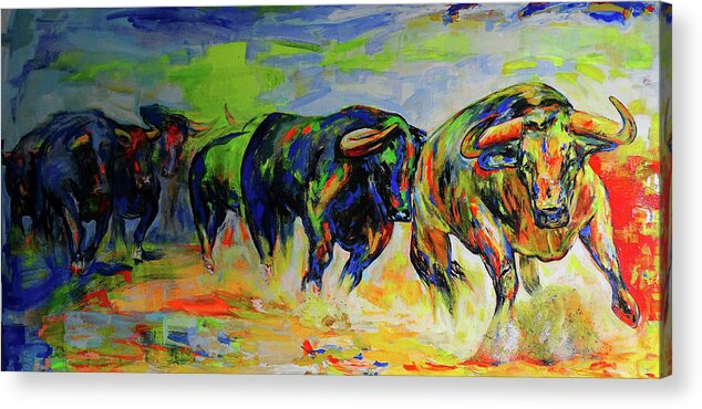 Bulls Acrylic Print featuring the painting Herd of Bulls by Koro Arandia