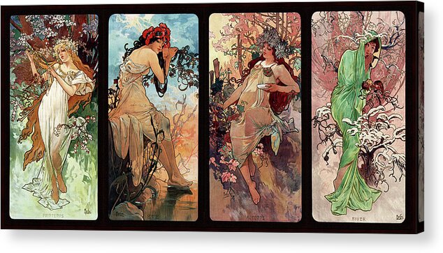 Seasons Acrylic Print featuring the painting Seasons by Alphonse Mucha by Rolando Burbon
