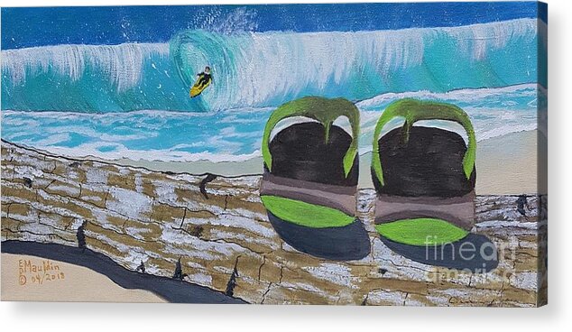 Surf's Up Acrylic Print featuring the painting Surf's Up, Sandals Down by Elizabeth Dale Mauldin