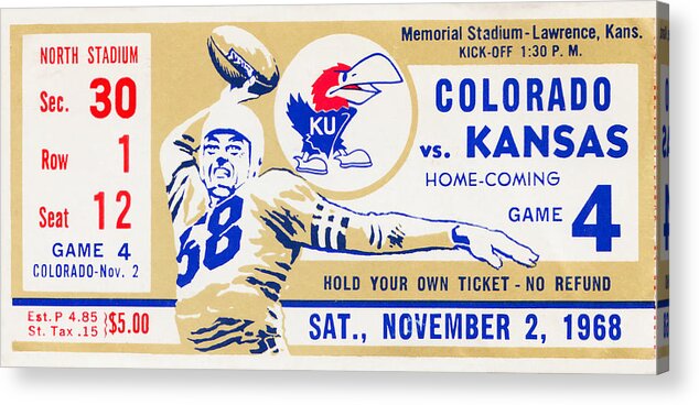 Kansas Jayhawks Acrylic Print featuring the mixed media 1968 Kansas vs. Colorado by Row One Brand