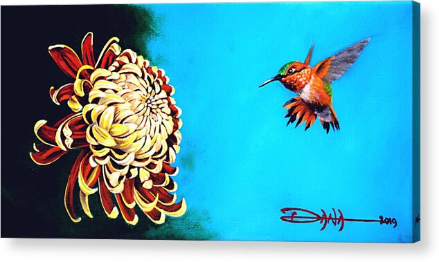 Birds Acrylic Print featuring the painting Allen's Hummingbird and Chrysanthemum by Dana Newman