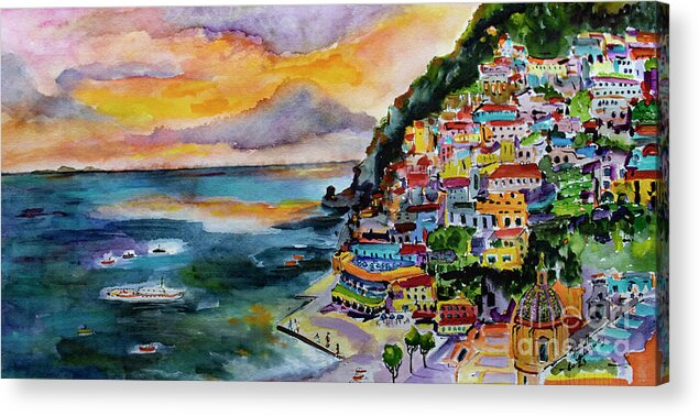 Paintings Of Italy Acrylic Print featuring the painting Amalfi Coast Positano Panorama by Ginette Callaway