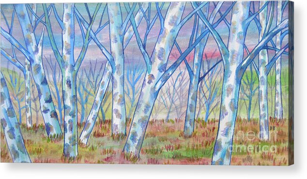 Birch Tree Trees Abstract Landscape Blue Lobby Pillow Cushion Decor Mixed Media Nice Acrylic Print featuring the painting Blue Birch Tree Stand by Bradley Boug