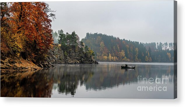 Austria Acrylic Print featuring the photograph Foggy Landscape With Fishermans Boat On Calm Lake And Autumnal Forest At Lake Ottenstein In Austria by Andreas Berthold