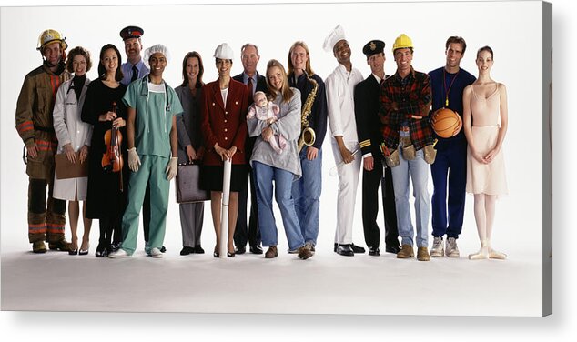Young Men Acrylic Print featuring the photograph Group of people with different occupations smiling, portrait by Lwa
