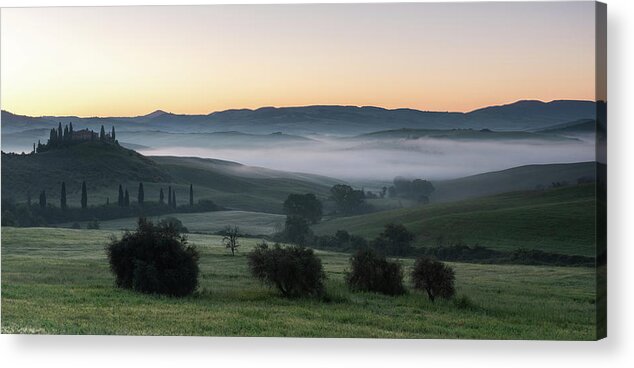Italy Acrylic Print featuring the photograph Mist over the Belvedere, Val D'Orcia, Tuscany, Italy by Sarah Howard