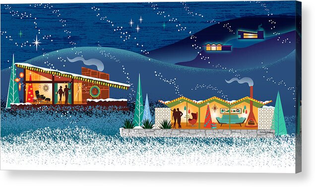 Mid Century Acrylic Print featuring the digital art Modern Houses Christmas Scene by Diane Dempsey