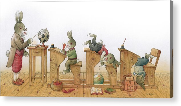 Rabbit School Class Education Reading Teacher Acrylic Print featuring the drawing Rabbit school 02 by Kestutis Kasparavicius