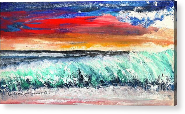 Waves Acrylic Print featuring the painting Red Sky Breakers -- Sunset Ocean Waves by Catherine Ludwig Donleycott
