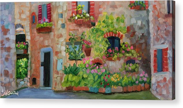 Tuscany Acrylic Print featuring the painting Tuscan Window Boxes by Marcy Brennan